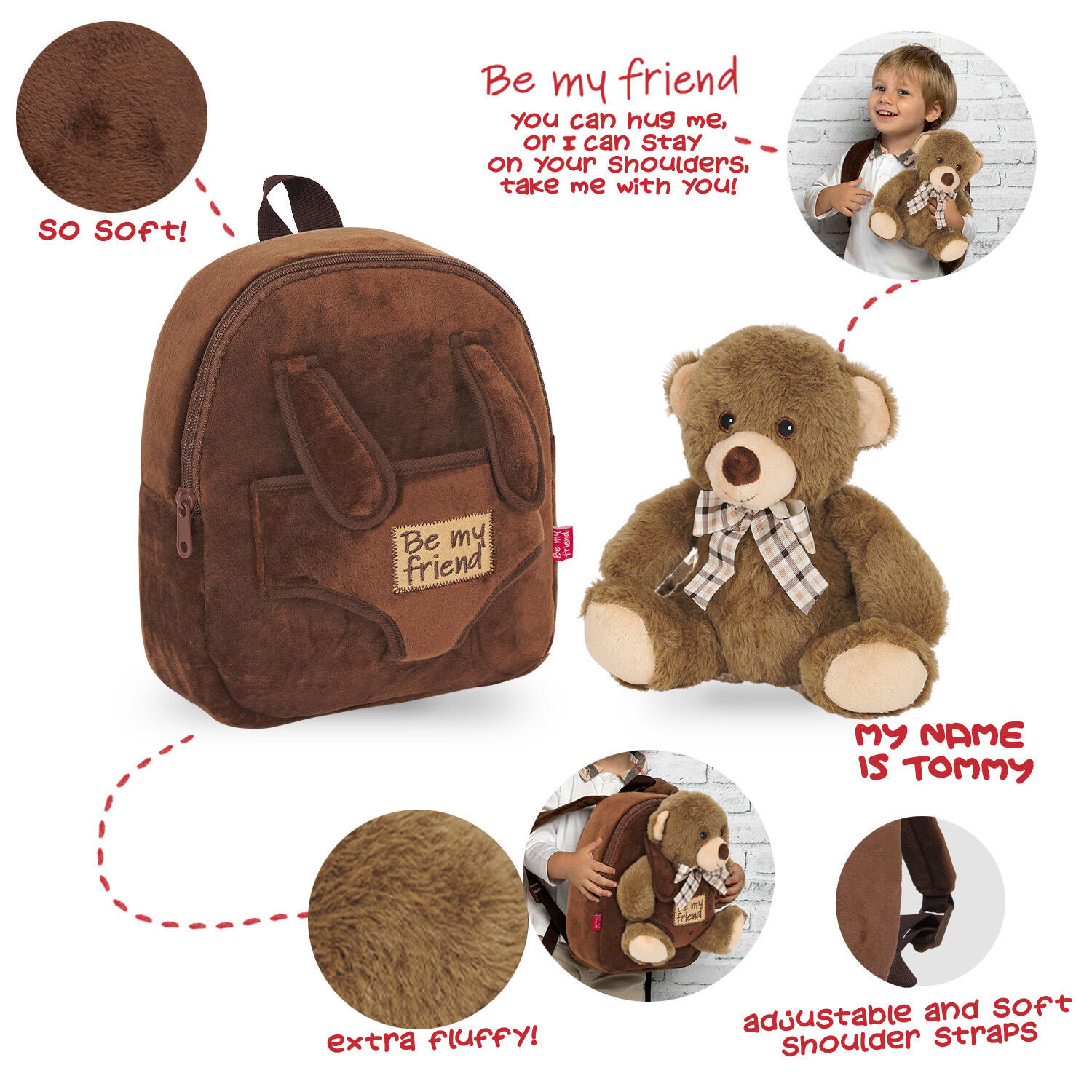 Zaino Morbido con Peluche Orsetto Marrone Scuro 3/6