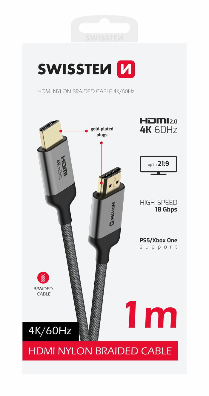 Cabo SWISSTEN HDMI 2.0 4K 60Hz 1 m, pontas em alumínio dourado 3/3