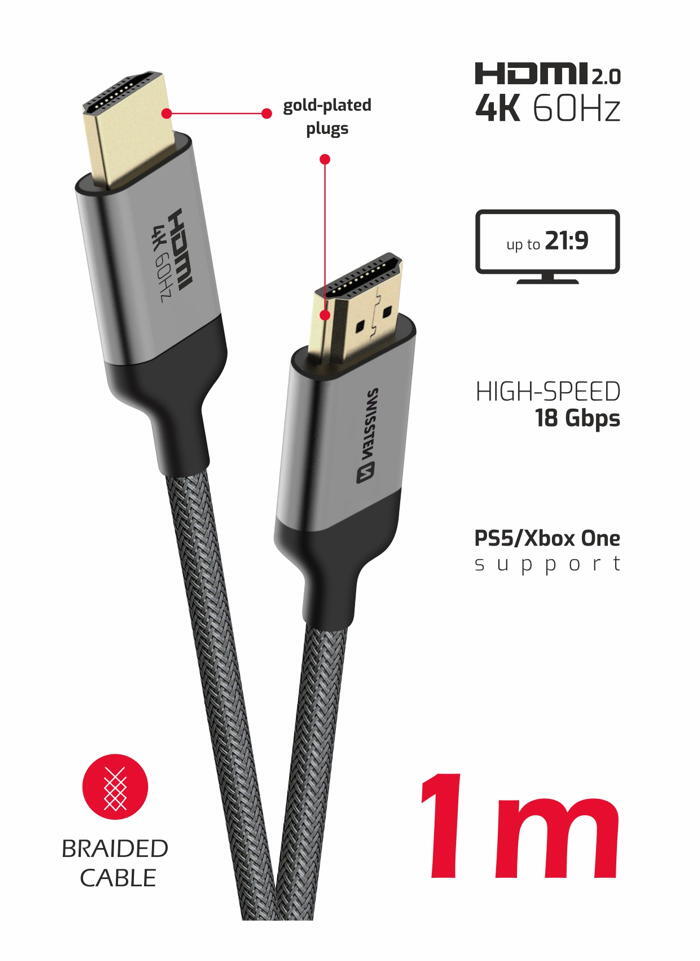 Cabo SWISSTEN HDMI 2.0 4K 60Hz 1 m, pontas em alumínio dourado 2/3