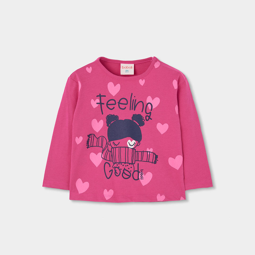 Camiseta punto niña fucsia estampado corazones 1/4