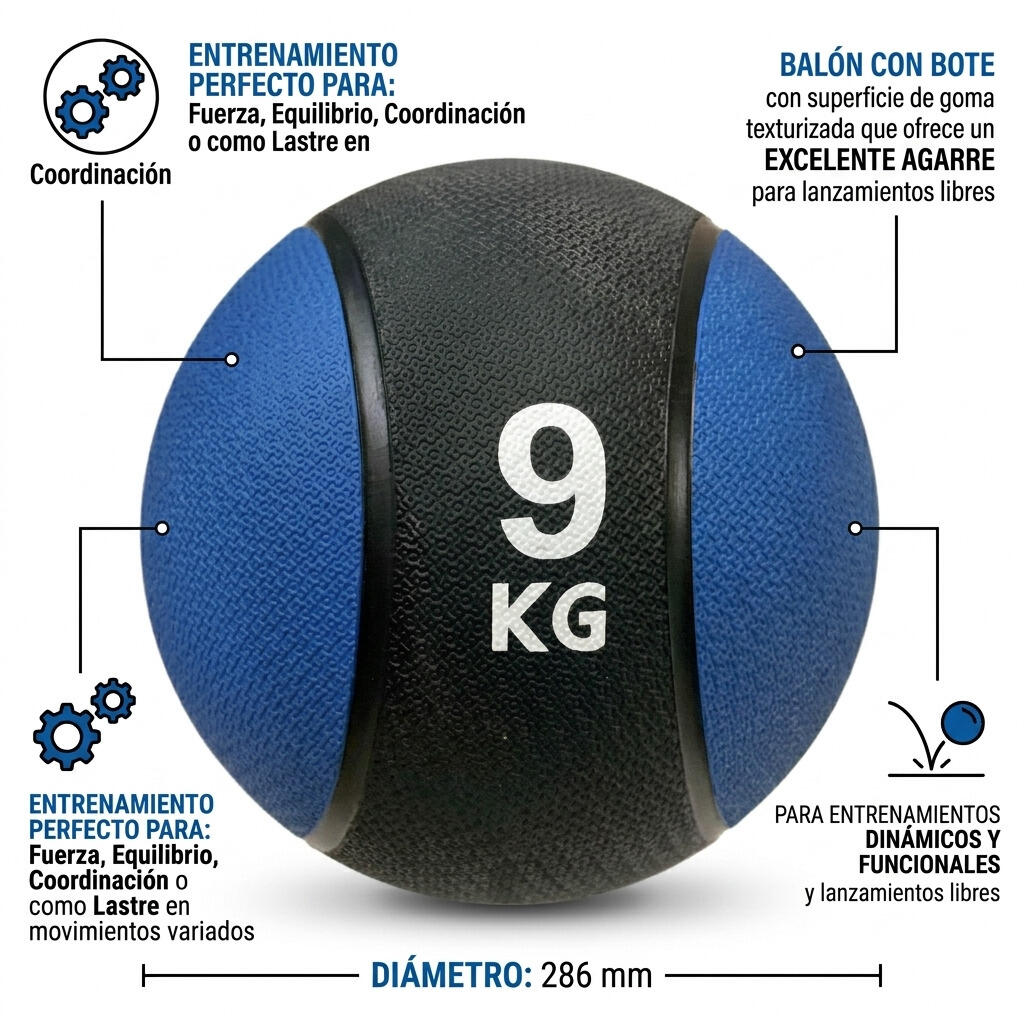 Balón Medicinal con Bote 9 kg Fitness Azul 2/3