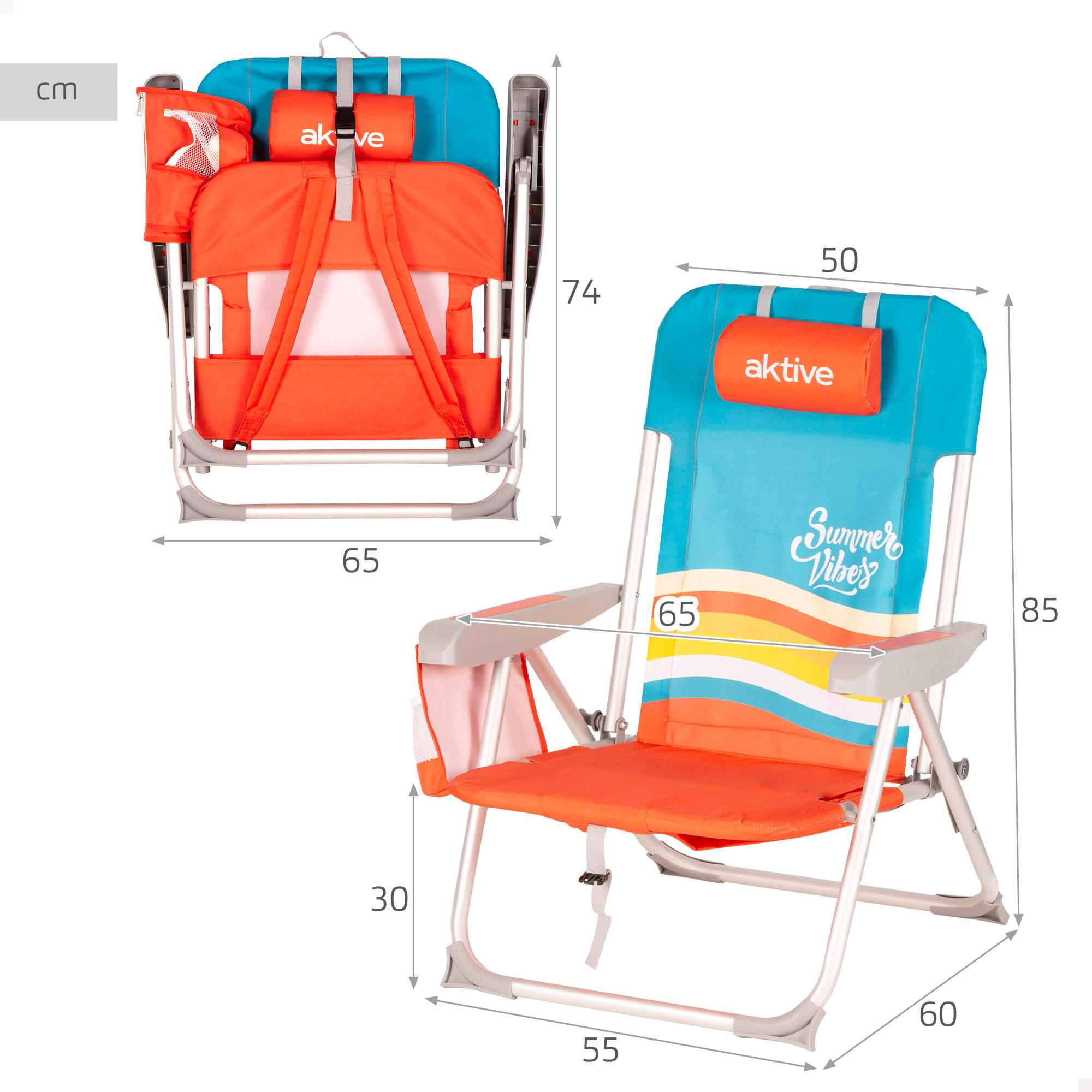 Aktive Cadeira de praia multifuncional 50x60x85 cm multicolorida com bolsos 4/7