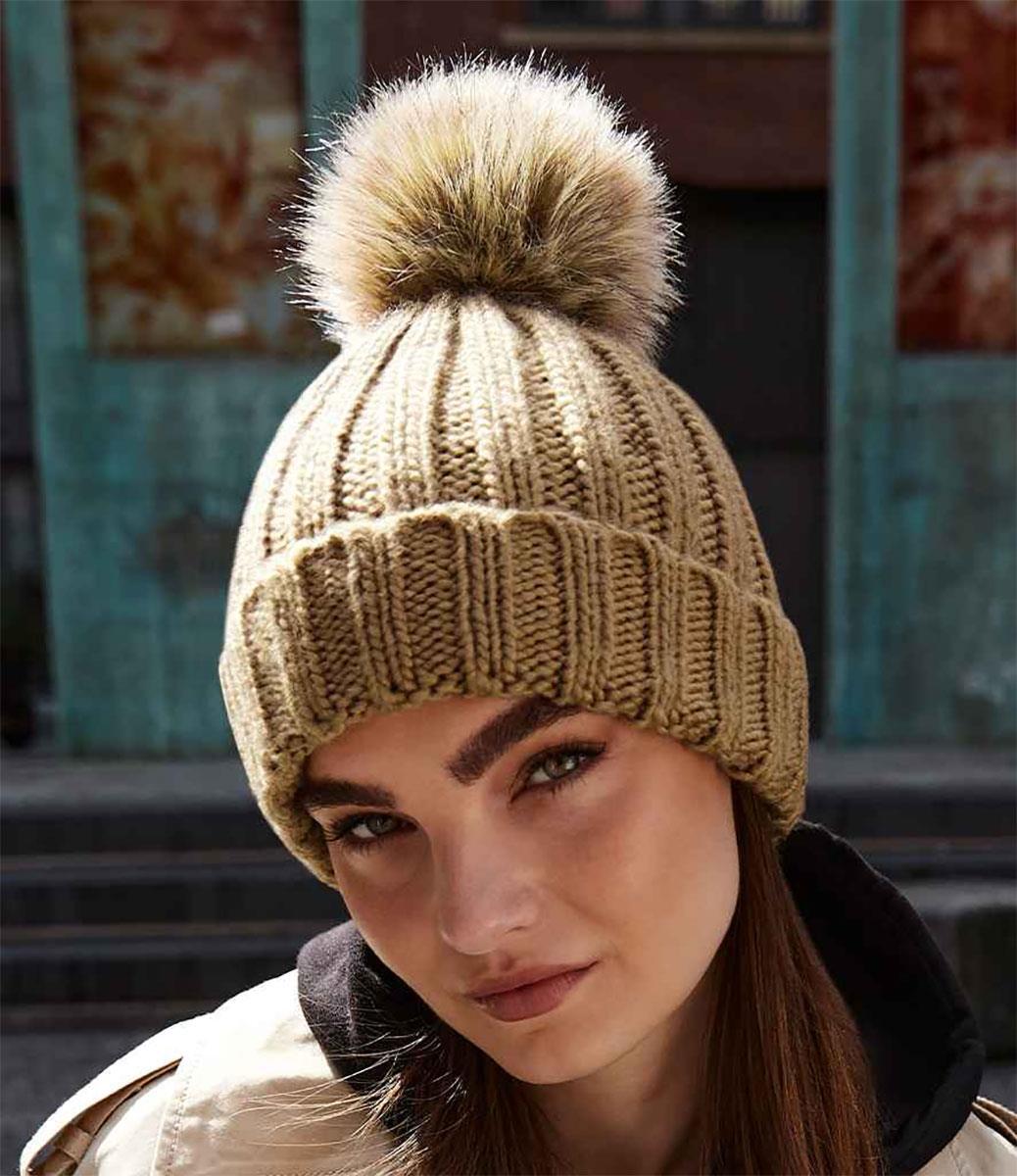 Gorro Beechfield em malha grossa com pompom - Mostarda 3/3