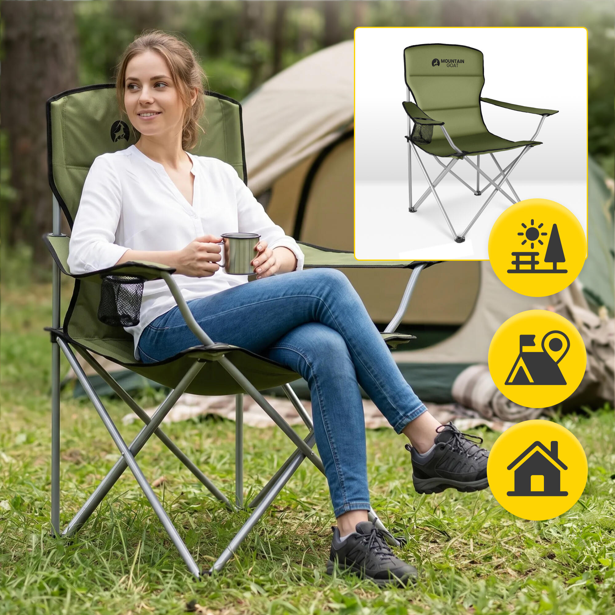Faltbarer Campingstuhl mit Armlehnen bequem robust MOUNTAIN GOAT 2/7