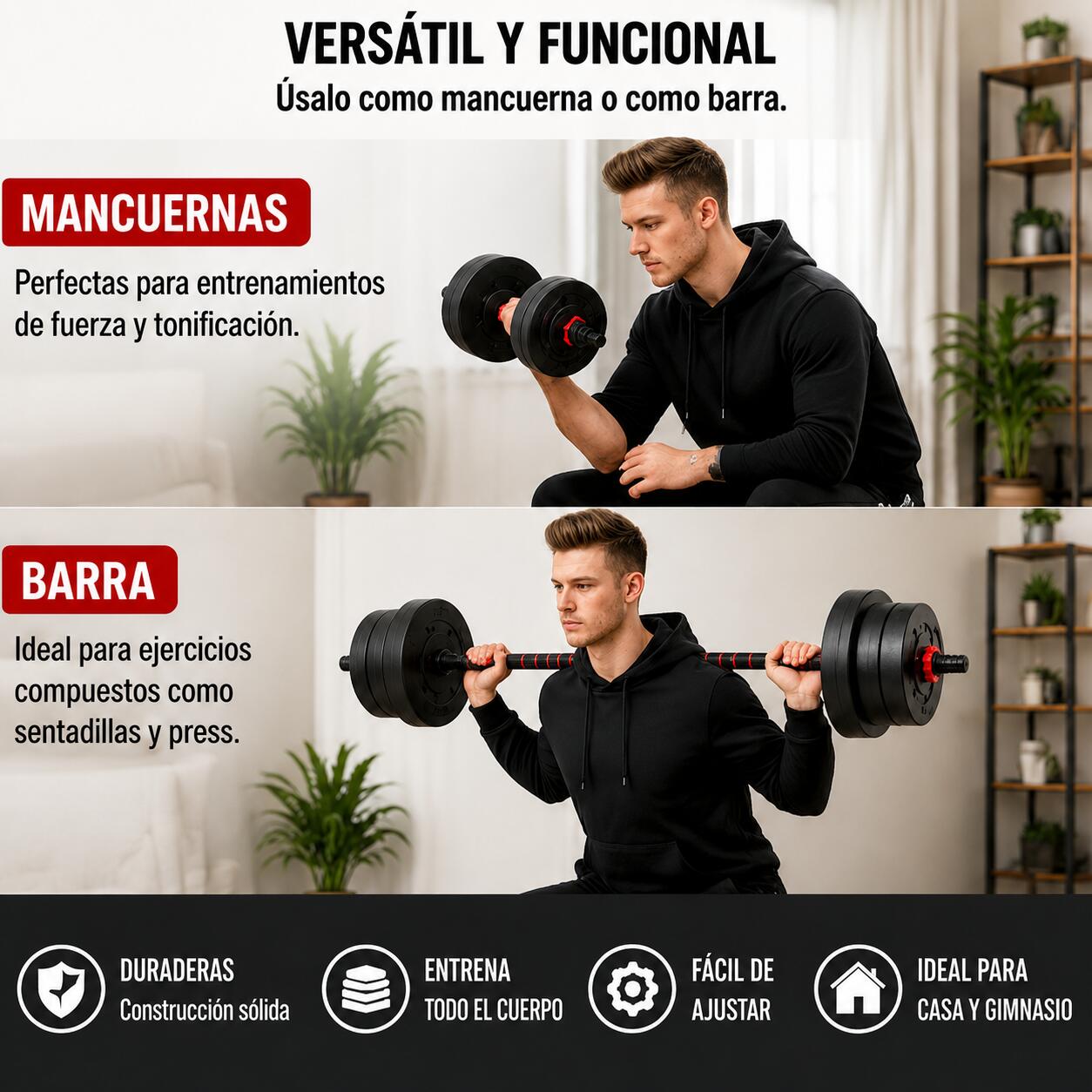 Manubri regolabili 30 kg con barra multifunzione, dischi rimovibili e kit pesi 3/5