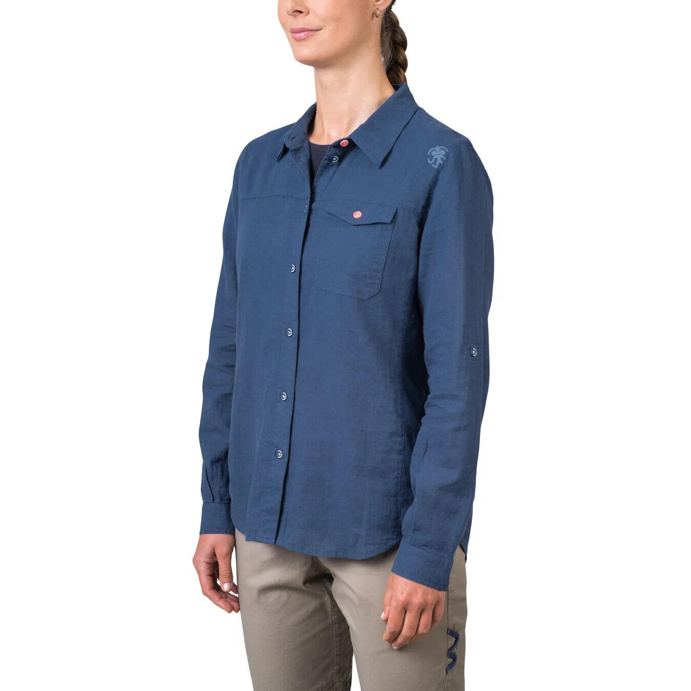 Camicia donna abbottonata a maniche lunghe in lino RAFIKI blu scuro 3/5