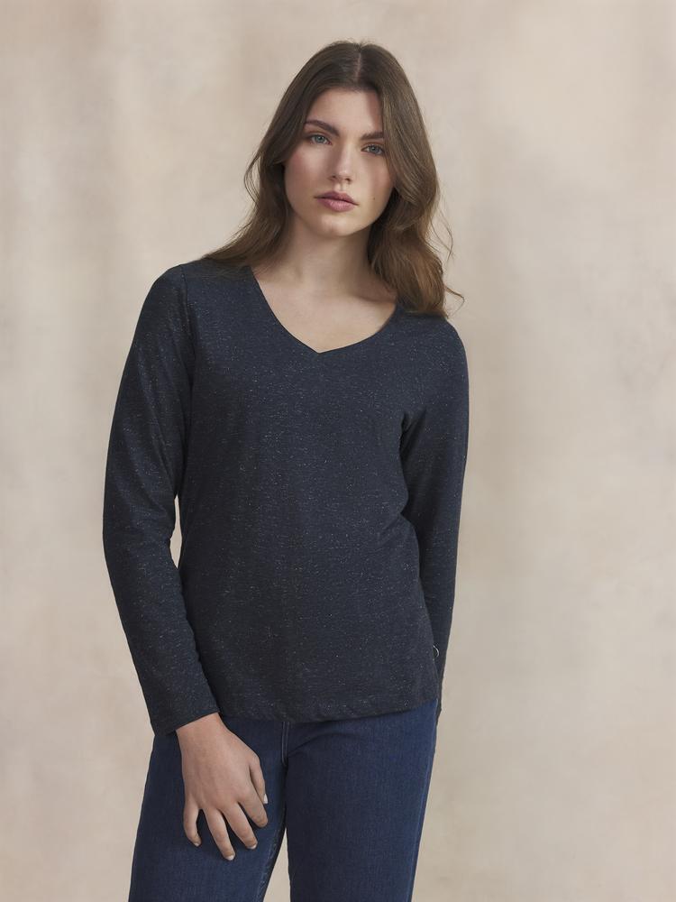 T-shirt long - Fitness - Femme - Col V - ADINALON Bleu marine 2/6