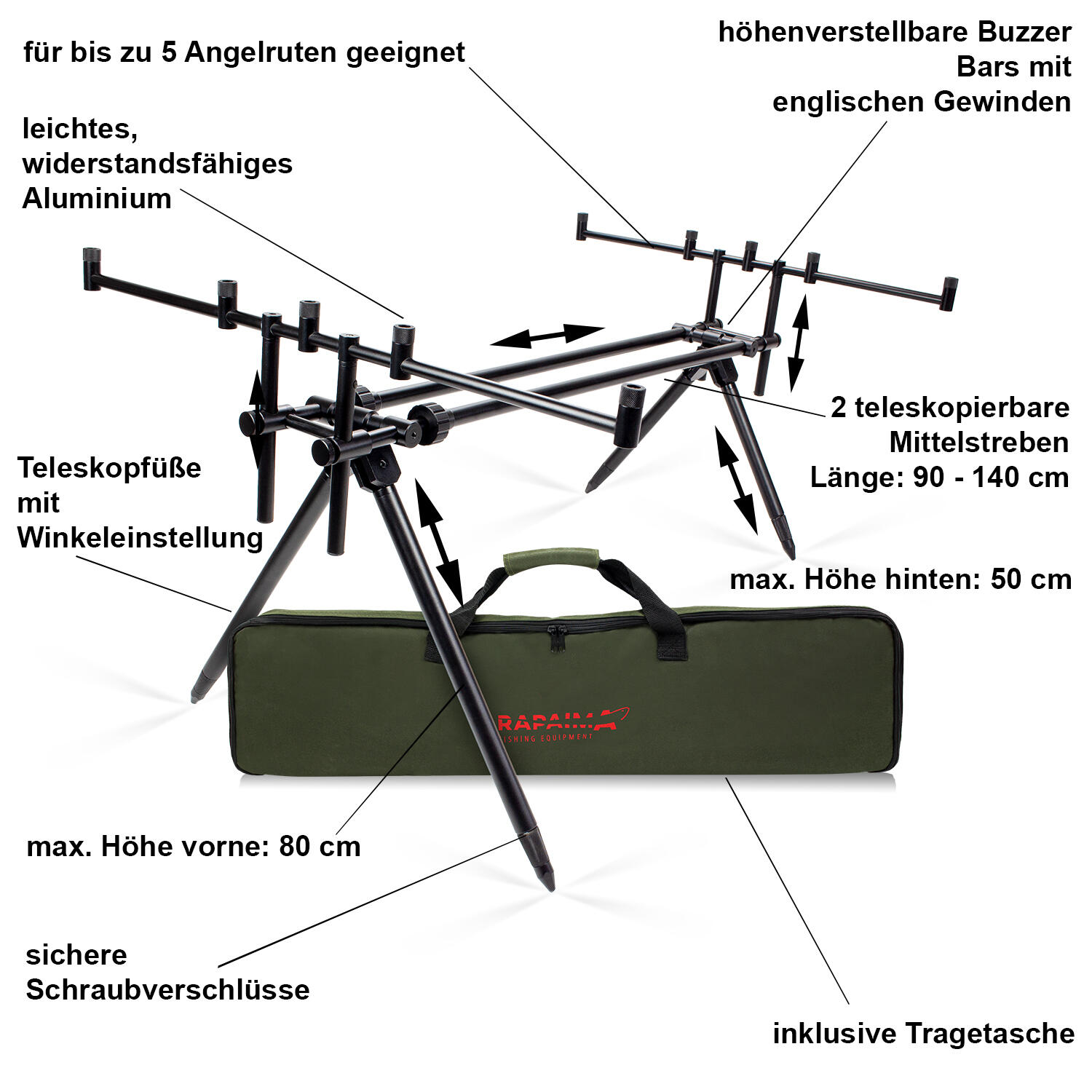 Rod Pod Aluminium für 5 Angelruten mit Transporttasche 7/7