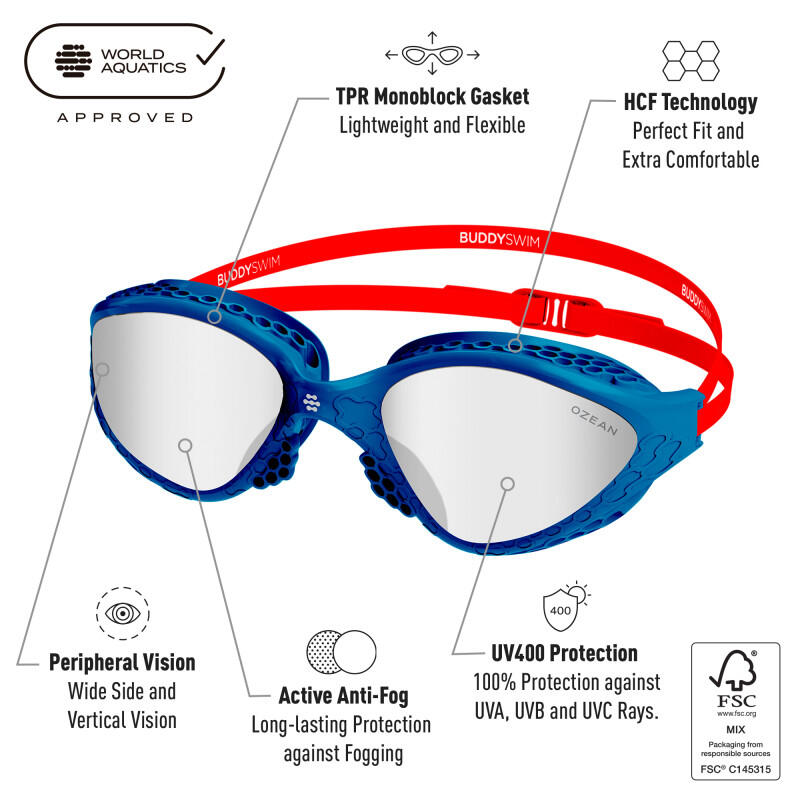 Occhialini da nuoto Ozean per acque libere e triathlon Navy-Rosso/Trasparente 2/4