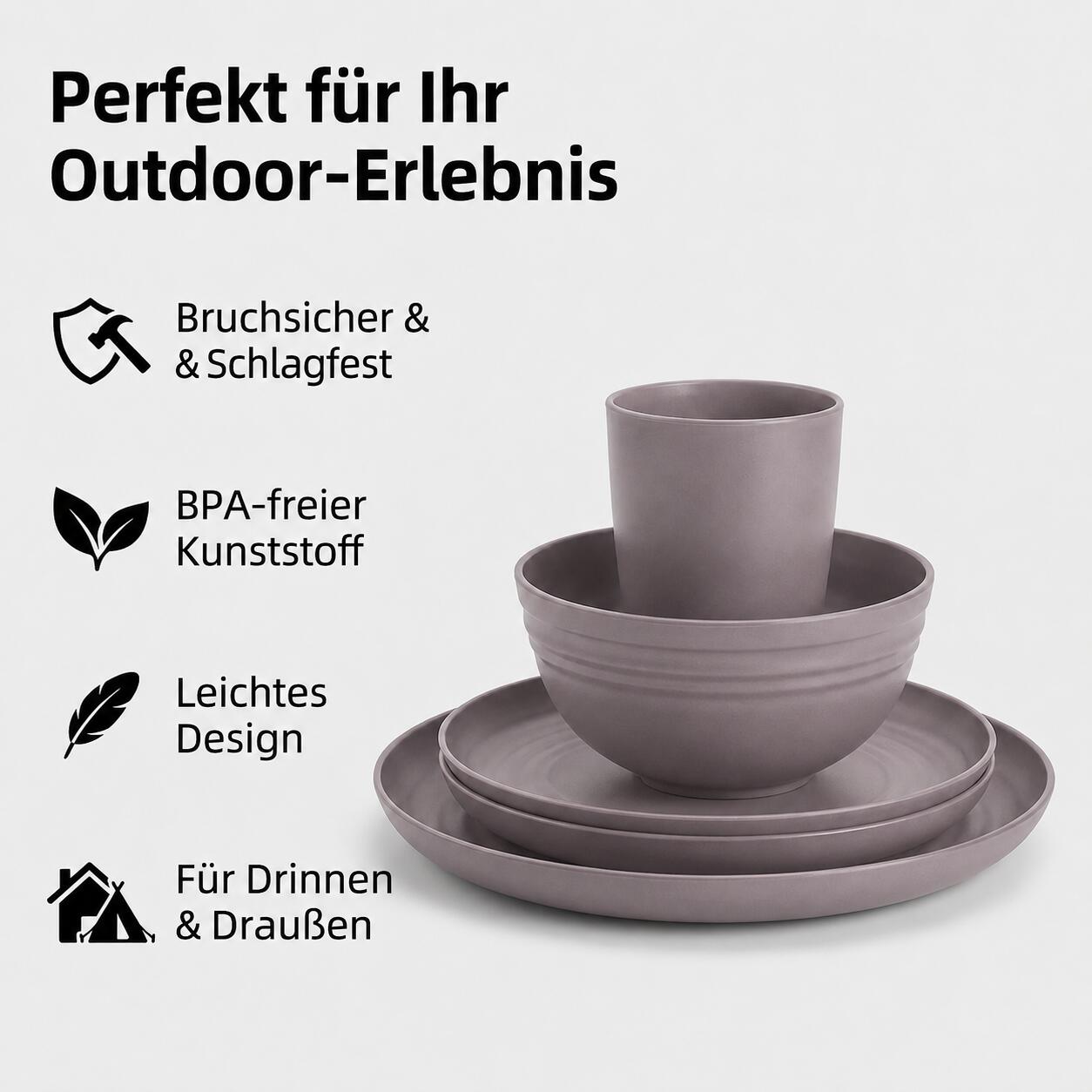 Camping Geschirr Set 16 teilig für 4 Personen Teller Schüssel Becher 6/7
