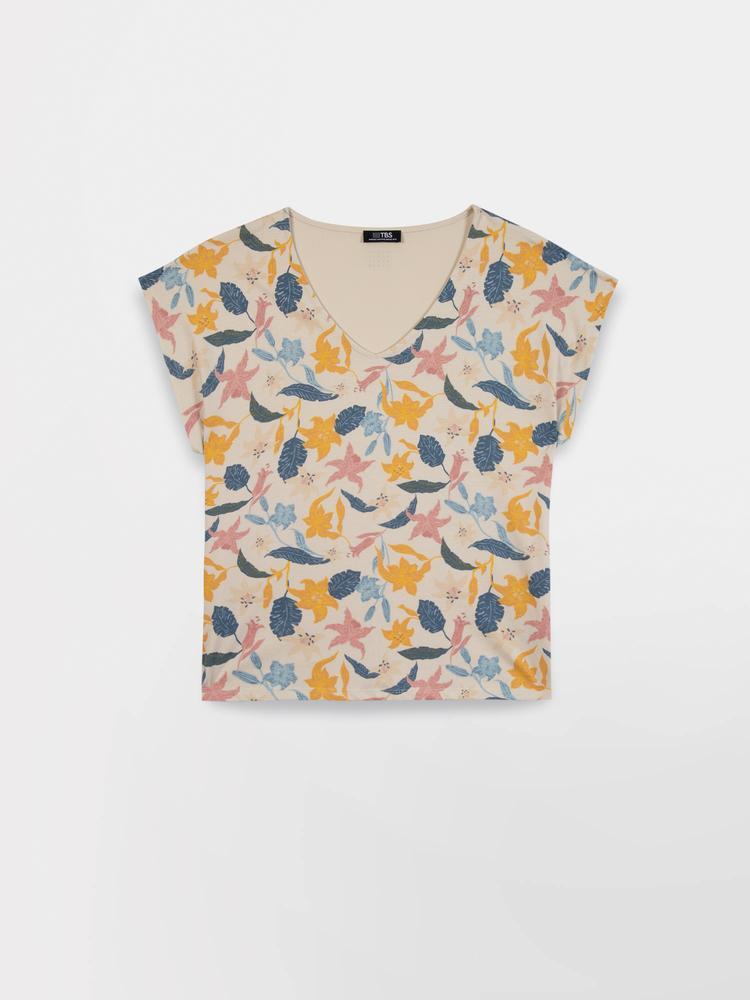 T-shirt manches courtes Femme MYTSYSAN Ecru - 100% coton, encolure V 4/5
