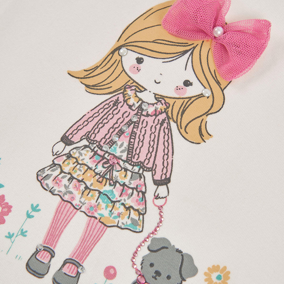 Camiseta punto niña blanca estampado muñeca con perro 3/4