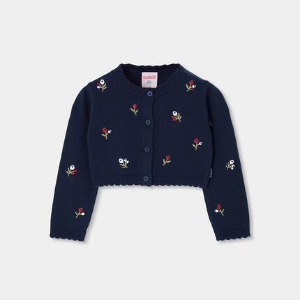 Gilet fille en maille broderie fleurs