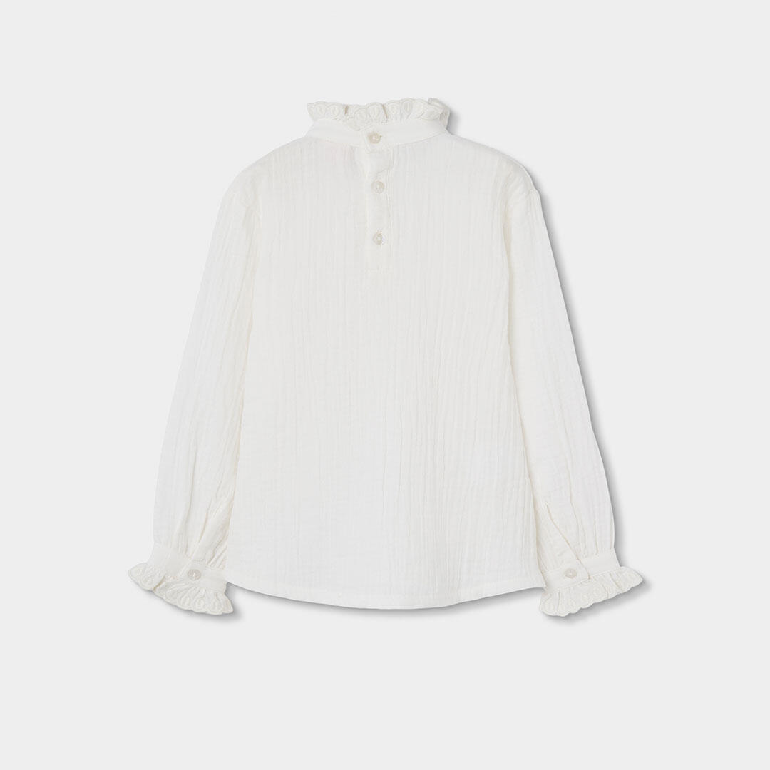 Blusa muselina blanca con volantes y cuello fruncido 2/4