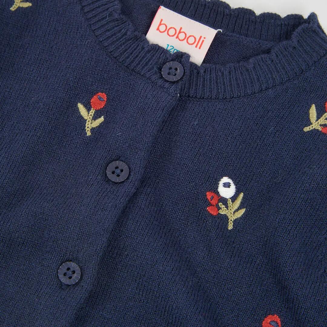 Chaqueta punto niña azul marino bordado flores 3/4