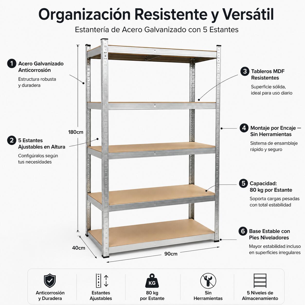 Scaffale metallico zincato con 5 ripiani rinforzati e grande capacità di carico 2/6