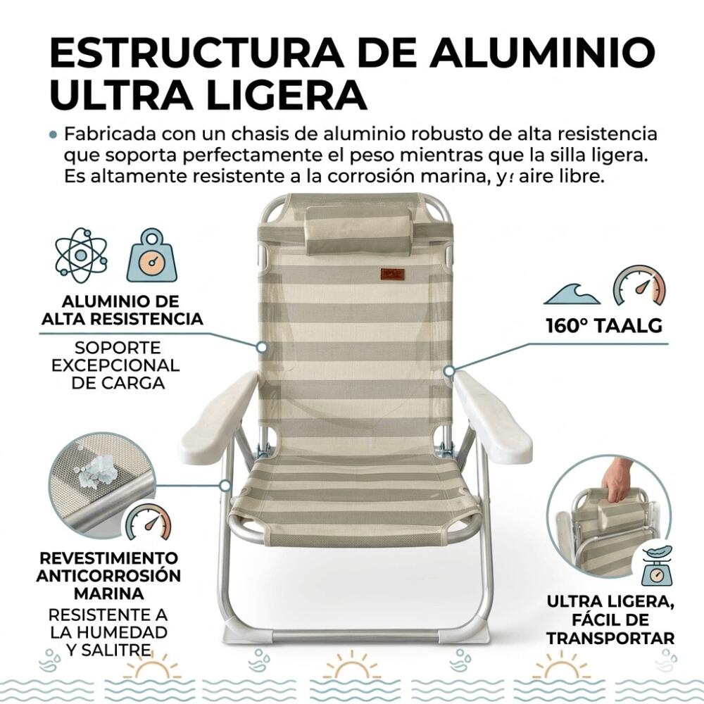 DEVESSPORT Silla de Playa Plegable de Aluminio con Almohada Reposacabezas 2/7