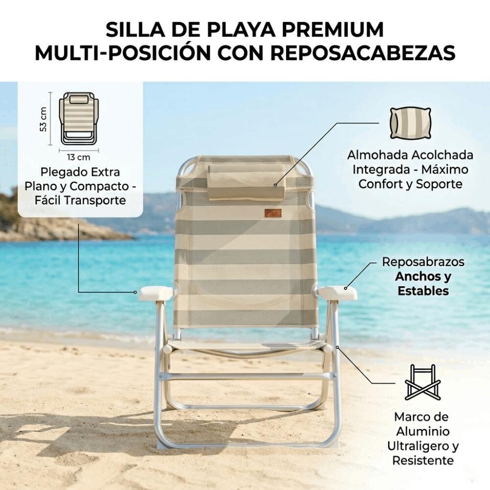 DEVESSPORT Silla de Playa Plegable de Aluminio con Almohada Reposacabezas 6/7