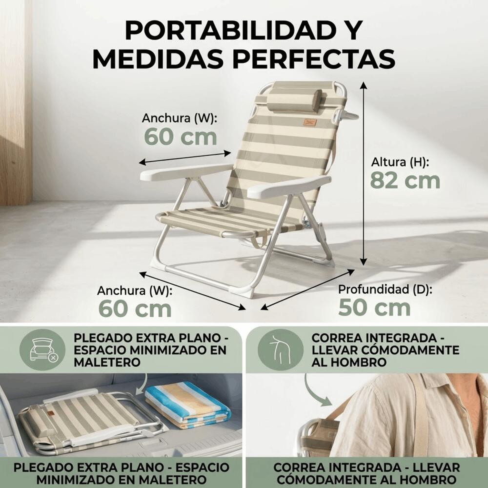 DEVESSPORT Silla de Playa Plegable de Aluminio con Almohada Reposacabezas 5/7