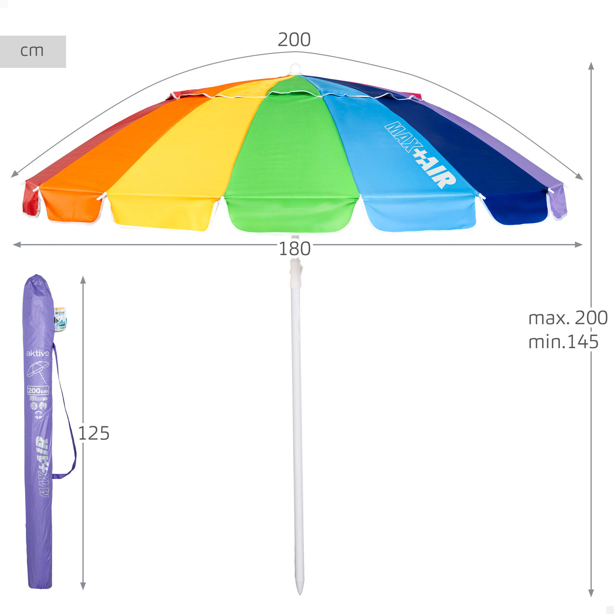 Parasol de plage 16 baleines 200 cm multicolore inclinable UV50 4/7