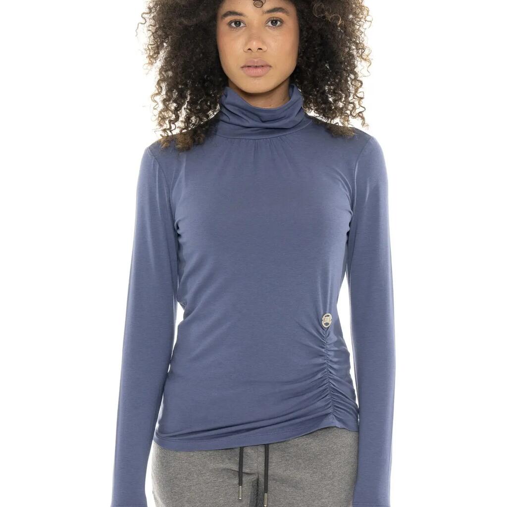 Women's long-sleeved mock neck T-shirt with pleated detail by Leone 1947 Braid