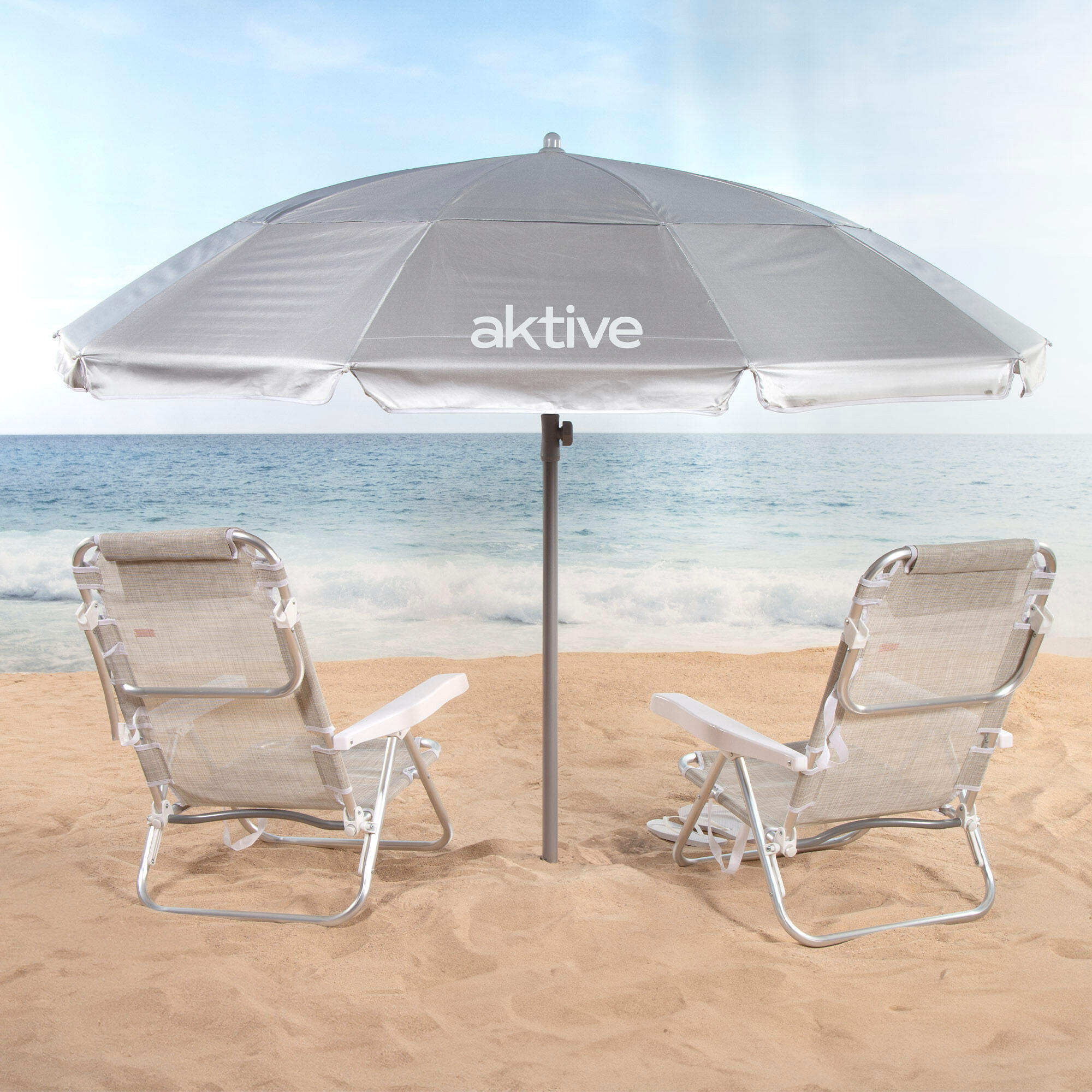 Parasol de plage 10 baleines 220 cm gris inclinable UV50 2/7
