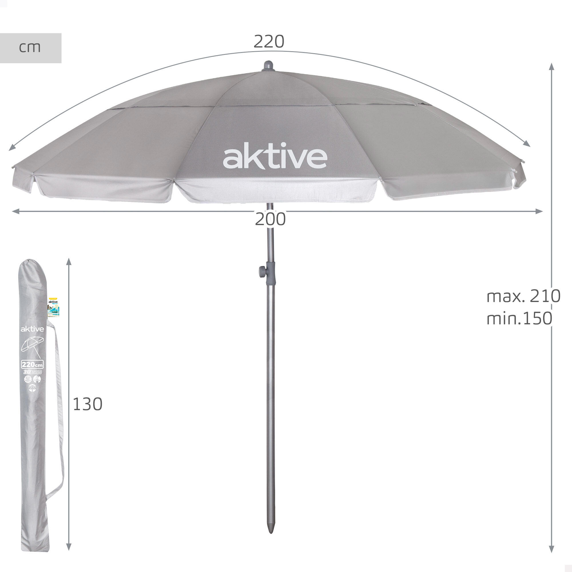 Parasol de plage 10 baleines 220 cm gris inclinable UV50 4/7