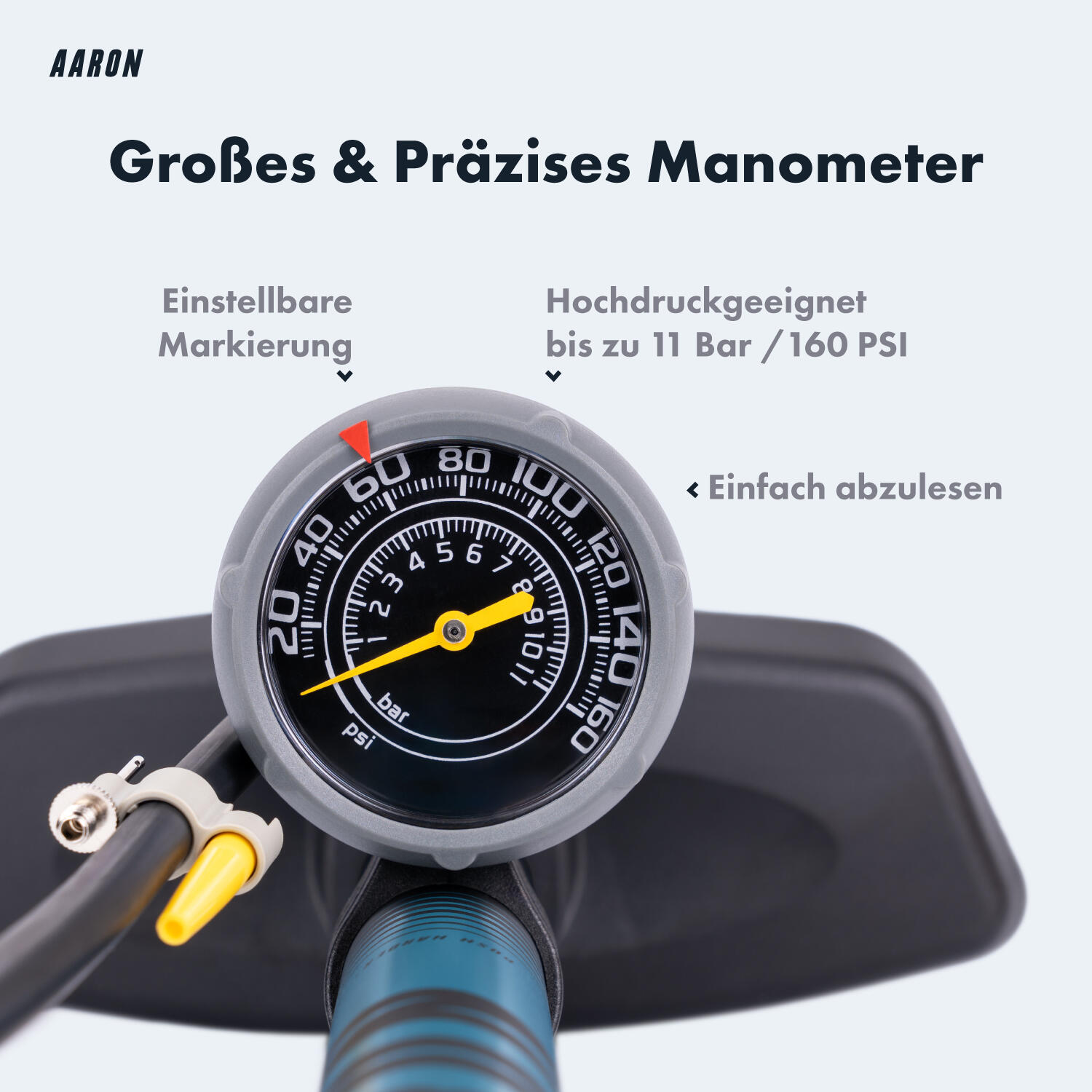 Sport One 3.0 Fahrrad Standpumpe mit Manometer, 11 Bar, für alle Ventile - Blau 4/7