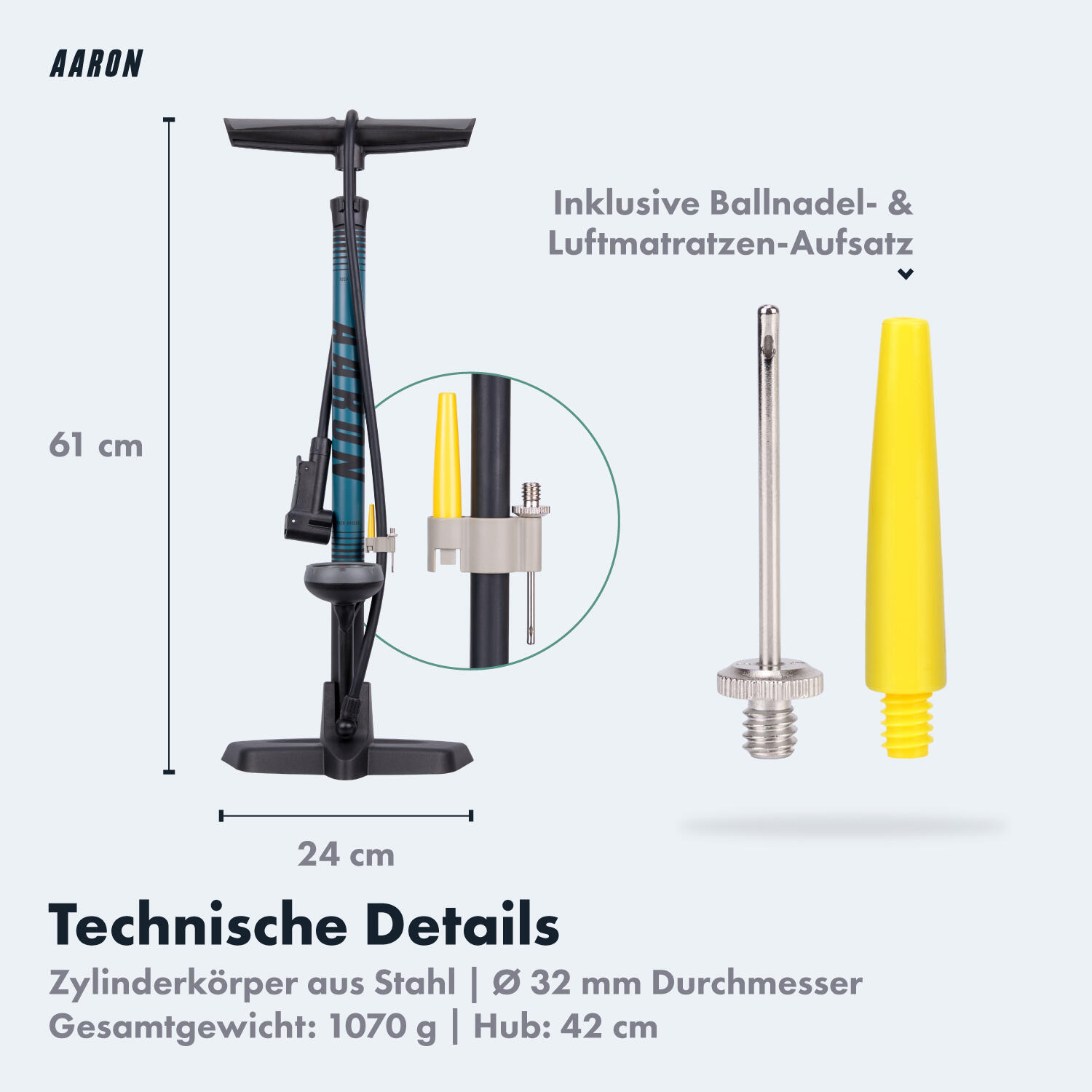 Sport One 3.0 Fahrrad Standpumpe mit Manometer, 11 Bar, für alle Ventile - Blau 6/7