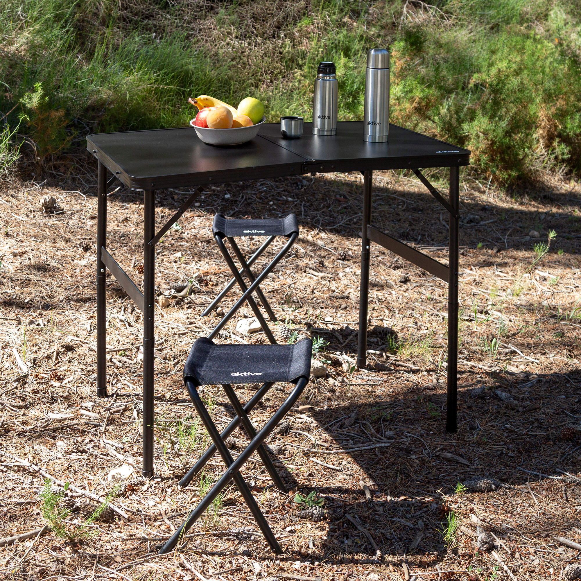 Aktive Table de camping pliante 90x60x40/70 cm avec 2 tabourets noirs 3/7