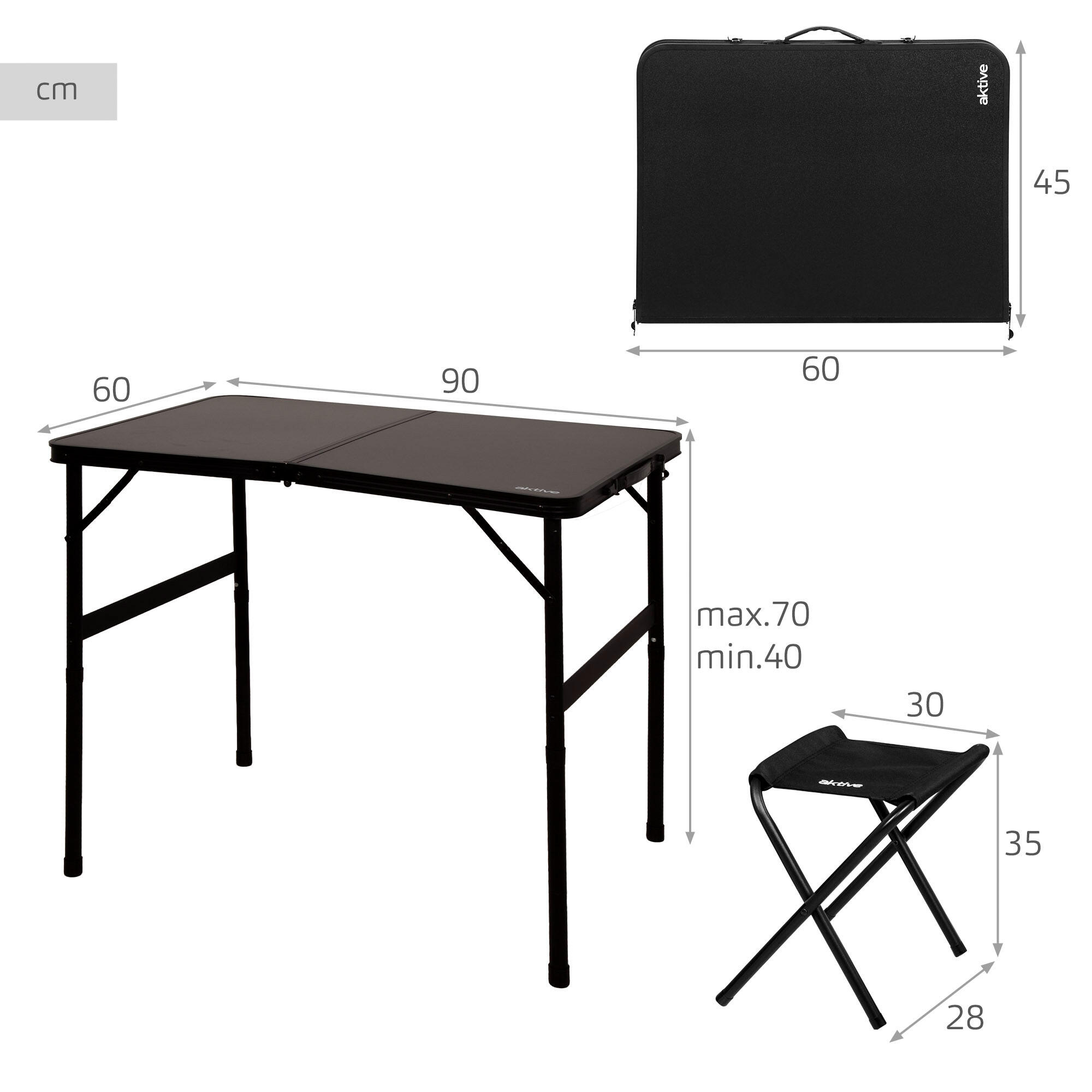 Aktive Table de camping pliante 90x60x40/70 cm avec 2 tabourets noirs 4/7