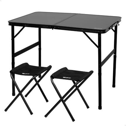 Opklapbare campingtafel 90x60x40/70 cm met 2 krukjes zwart