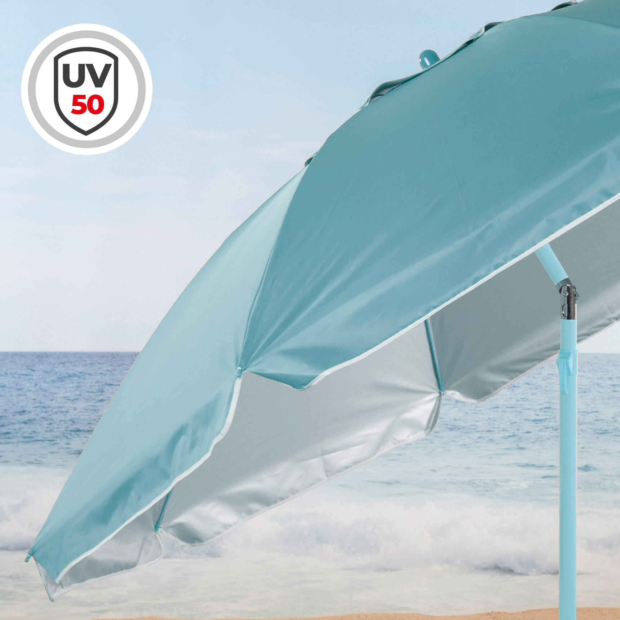 Sombrilla de playa inclinable D220 cm, azul, UV50, 8 varillas, oxford 3/7