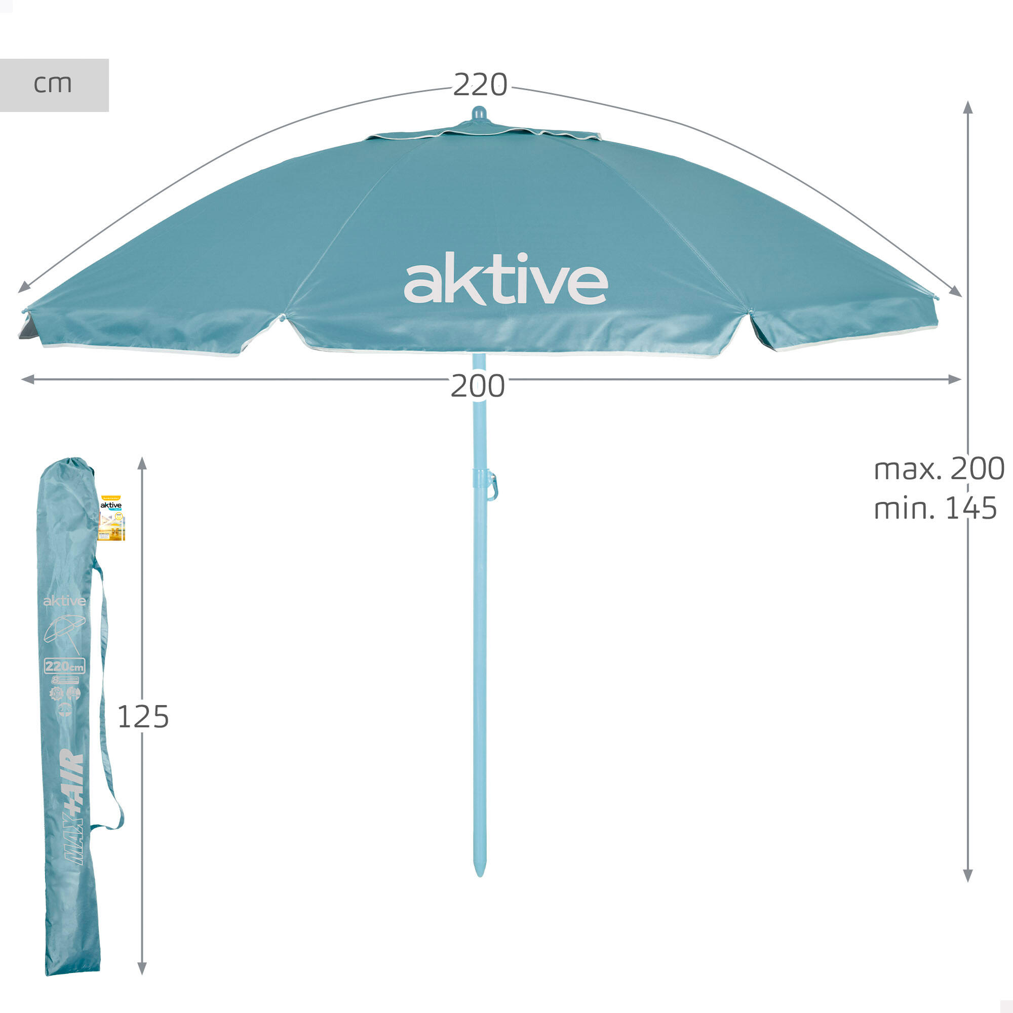 Sombrilla de playa inclinable D220 cm, azul, UV50, 8 varillas, oxford 4/7