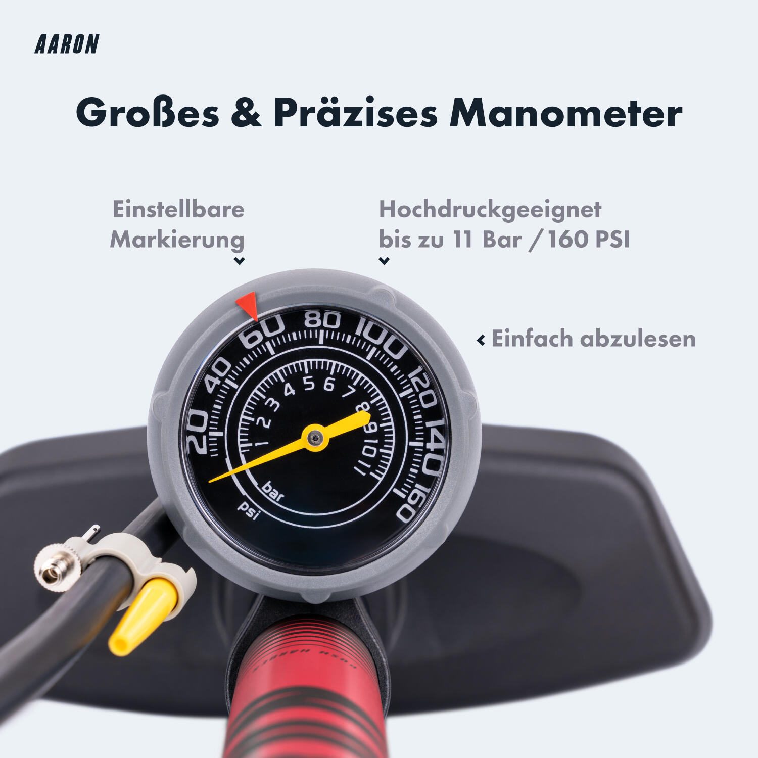 Sport One 3.0 Fahrrad Standpumpe mit Manometer, 11 Bar, für alle Ventile - Rot 4/7