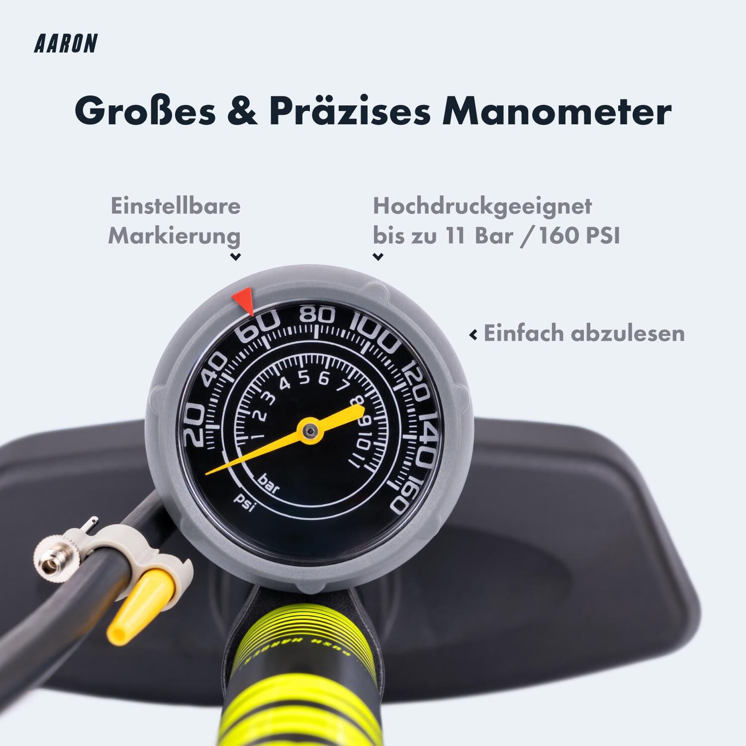 Sport One 3.0 Fahrrad Standpumpe mit Manometer, 11 Bar, für alle Ventile - Gelb 4/7