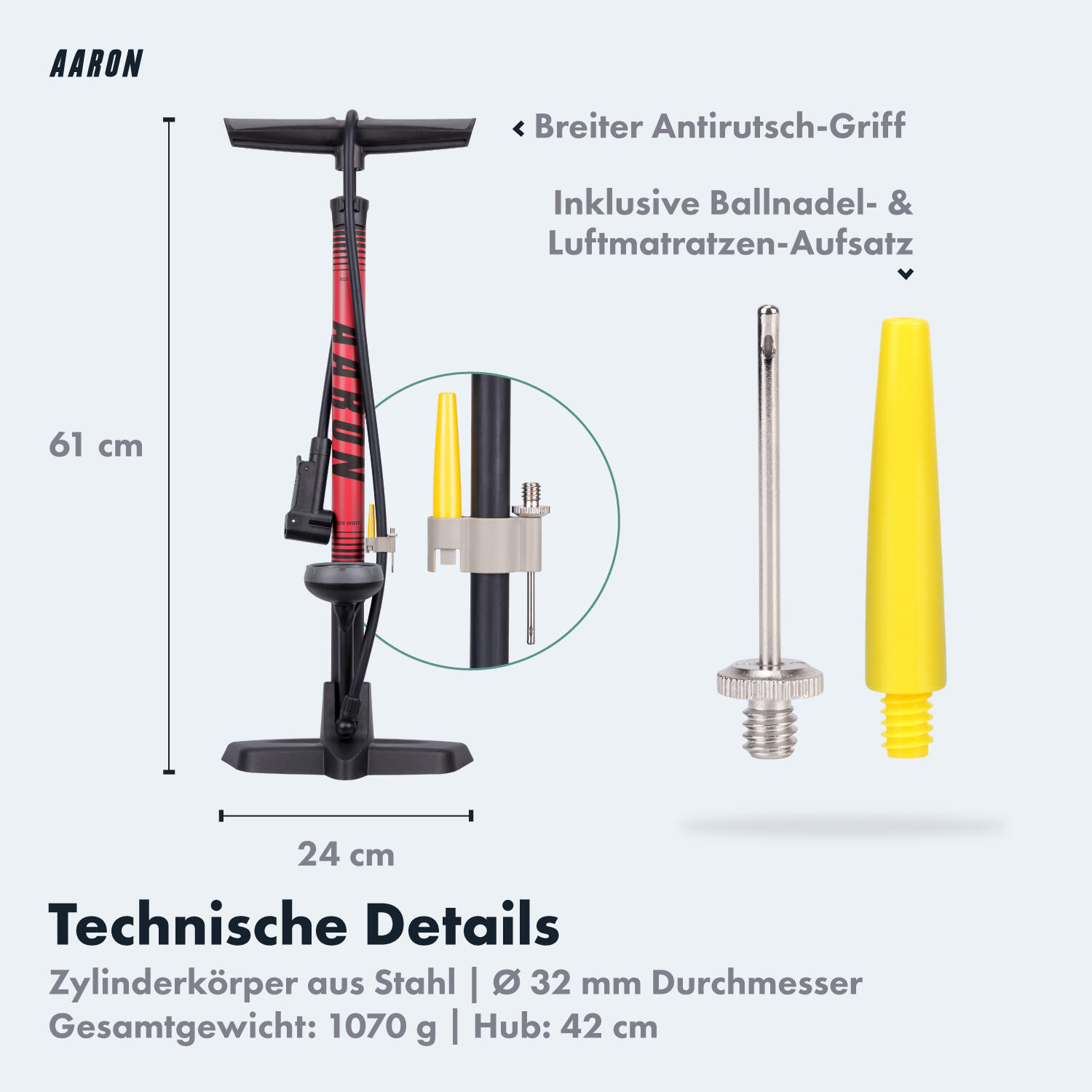 Sport One 3.0 Fahrrad Standpumpe mit Manometer, 11 Bar, für alle Ventile - Rot 6/7