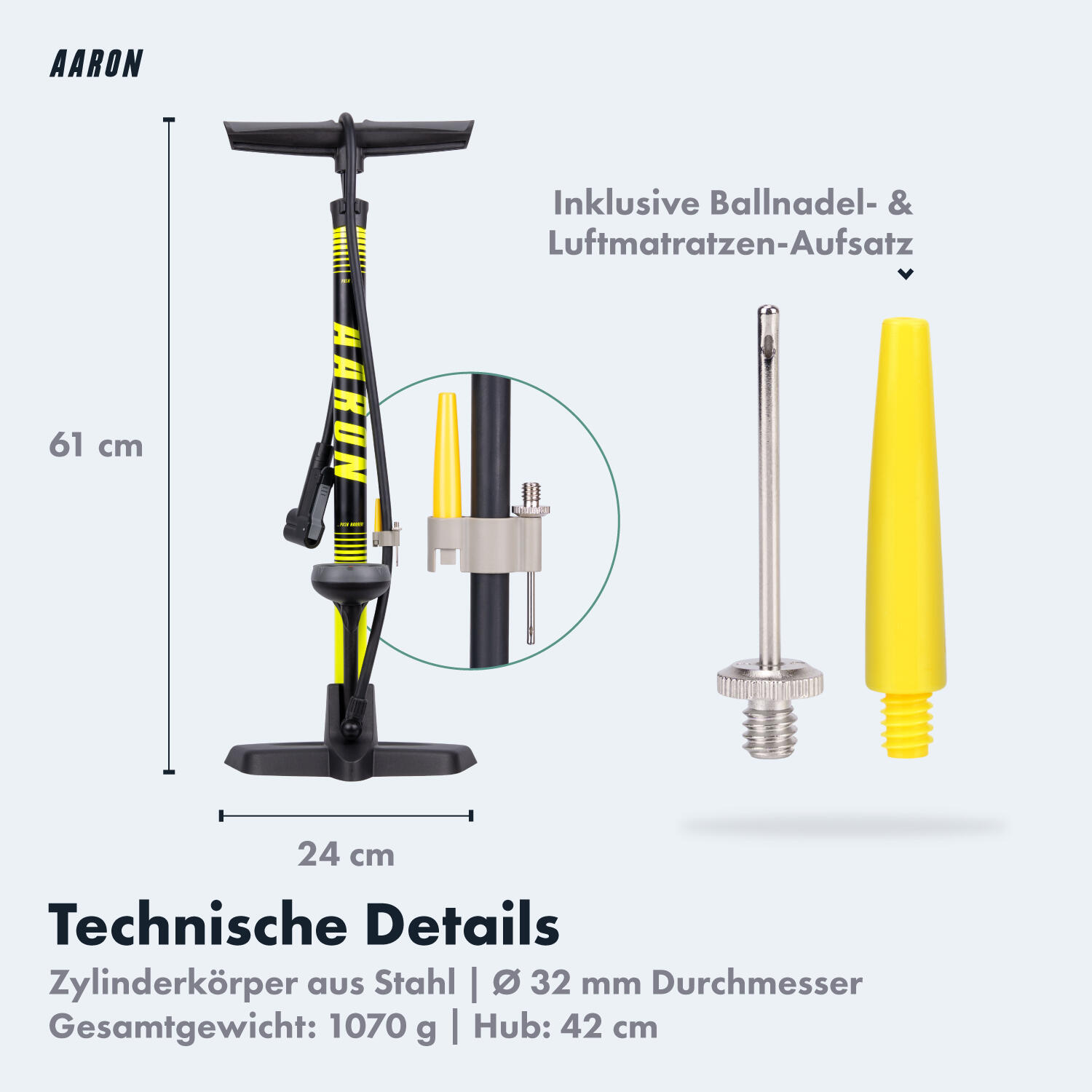 Sport One 3.0 Fahrrad Standpumpe mit Manometer, 11 Bar, für alle Ventile - Gelb 6/7