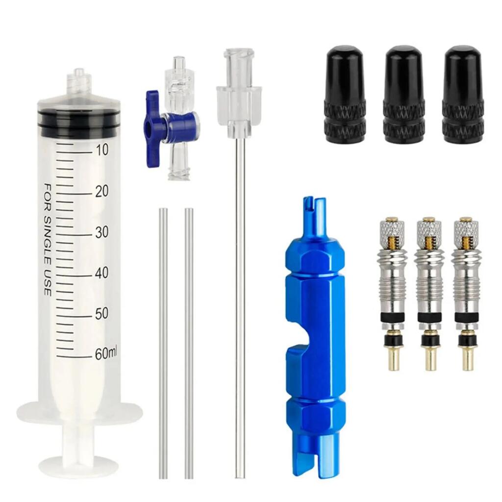 Tubeless bike liquid injection kit – 60 ml syringe + valve tool + 3 caps