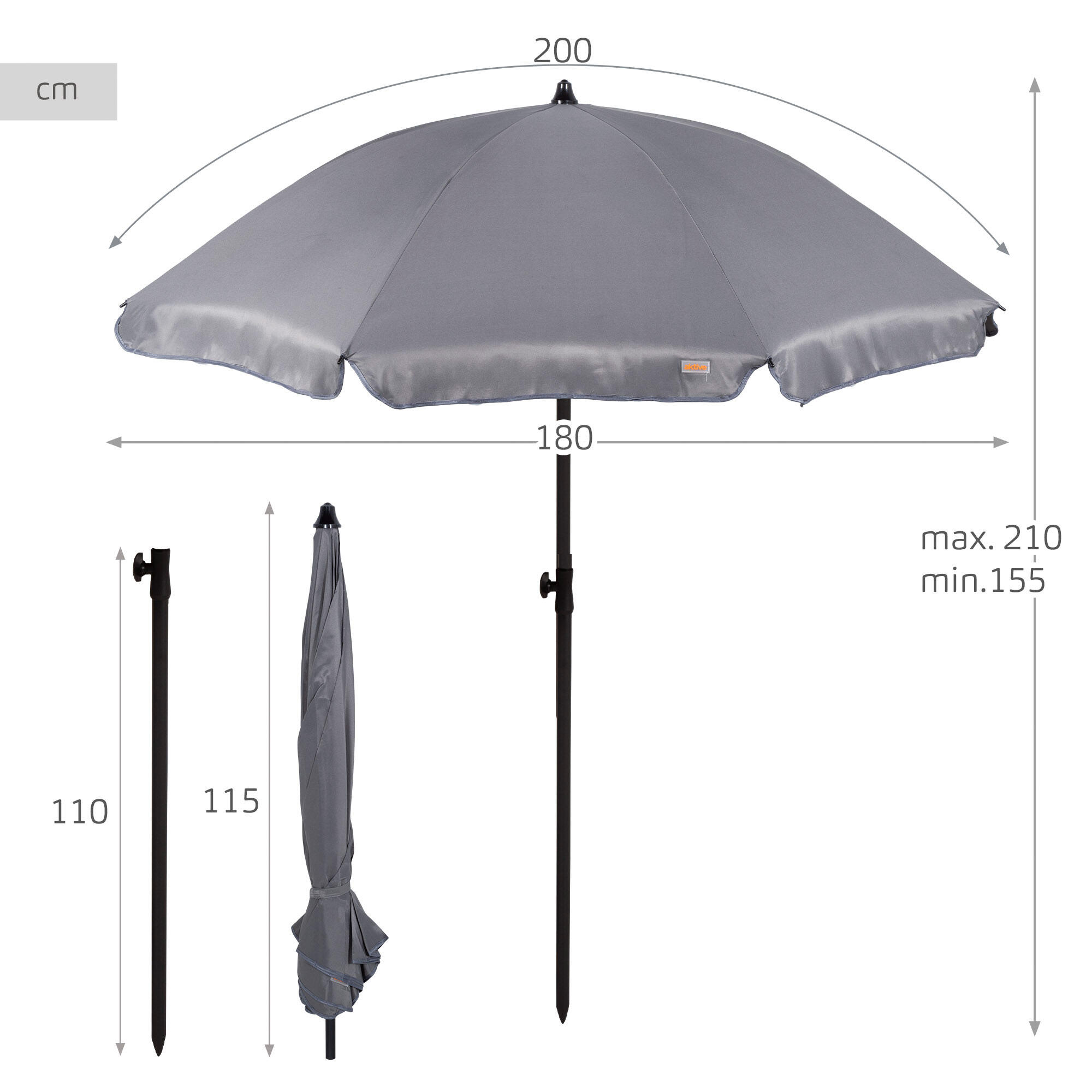 Aktive Parasol gris foncé de 200 cm avec housse 4/7