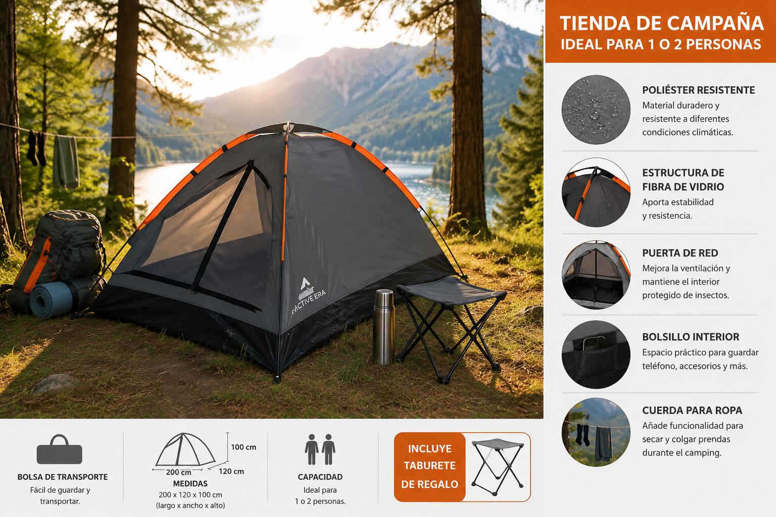 Tienda campaña camping 1-2 plazas espaciosa 200x120x100 cm + REGALO taburete 2/3