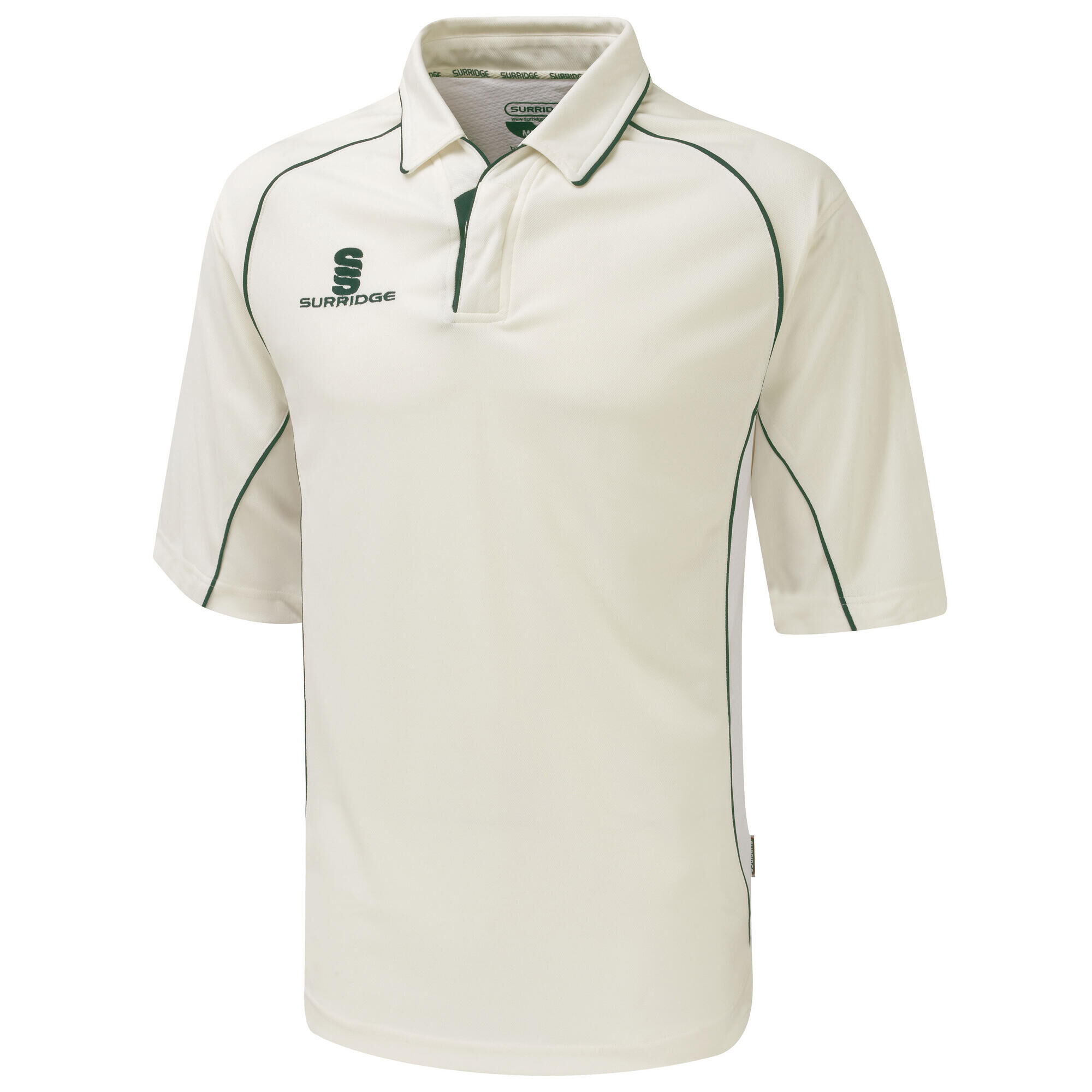 SURRIDGE Mens/Youth Premier Sports 3/4 Sleeve Polo Shirt (White/Green trim)