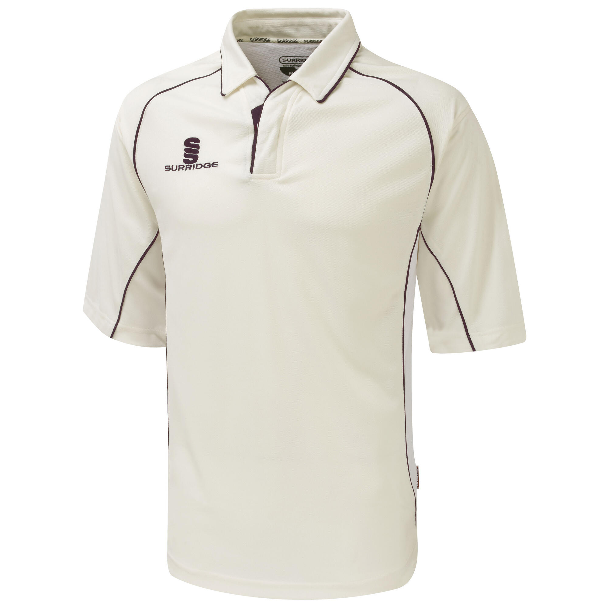 SURRIDGE Mens/Youth Premier Sports 3/4 Sleeve Polo Shirt (White/Maroon trim)