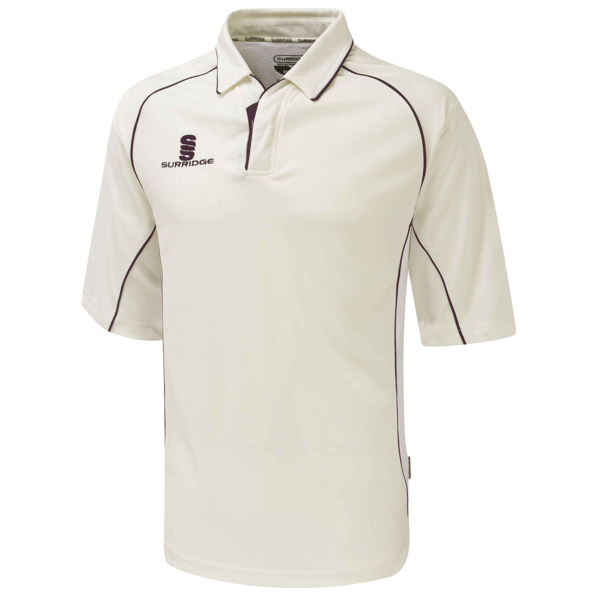 SURRIDGE Mens/Youth Premier Sports 3/4 Sleeve Polo Shirt (White/Maroon trim)