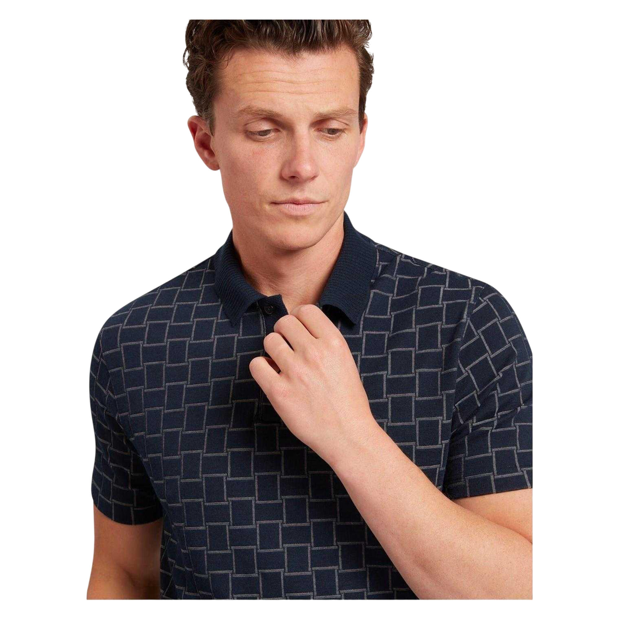 Mens Checkerboard Jacquard Collared Polo Shirt (Navy) 3/3