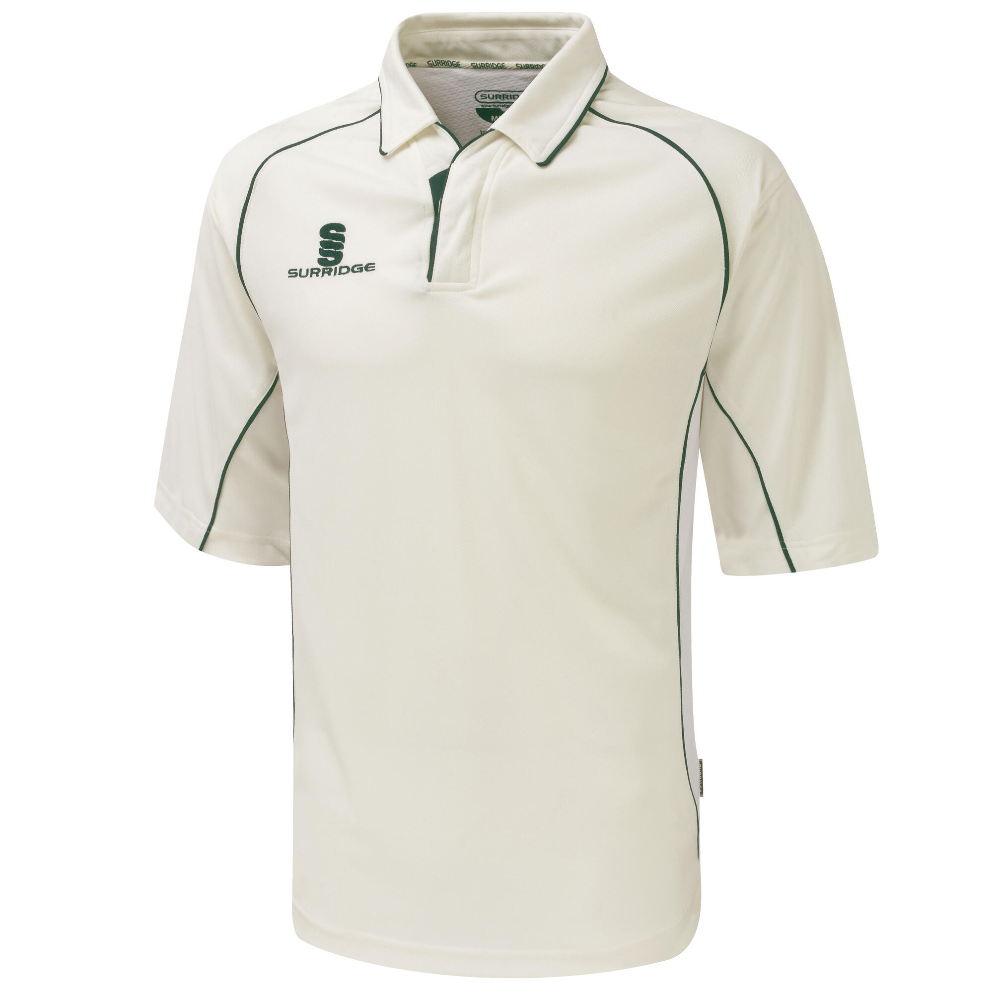 SURRIDGE Boys Kids Sports Premier Shirt 3/4 Polo Shirt (White/Green trim)