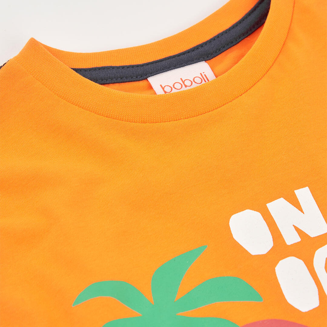 Camiseta de algodón naranja con estampado tropical para niño 3/4