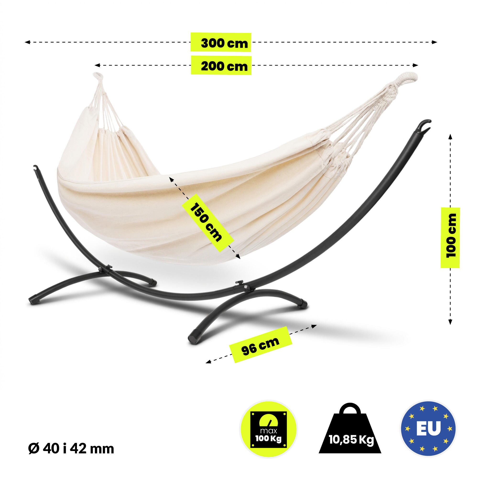 Hypermotion - Amaca beige, supporto in acciaio 300x100x96 cm 3/7