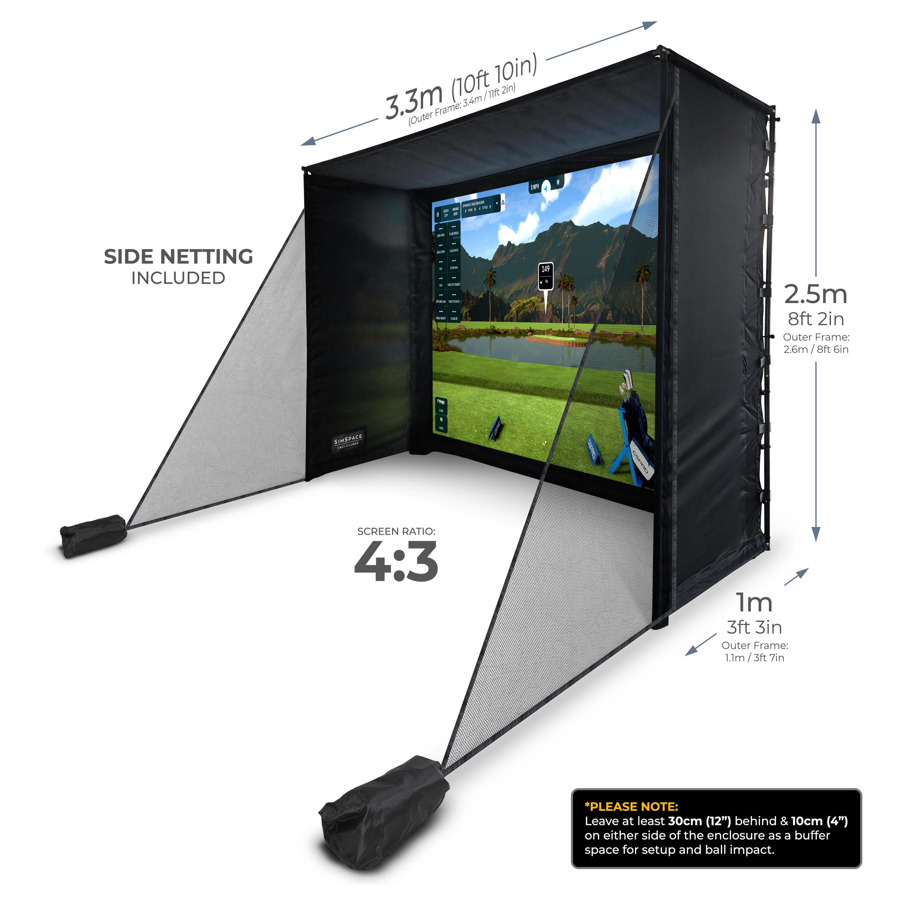 Golfsimulator-Gehäuse mit Aufprallschirm und Seitennetz – 3,3 x 2,5 x 1 m 2/7