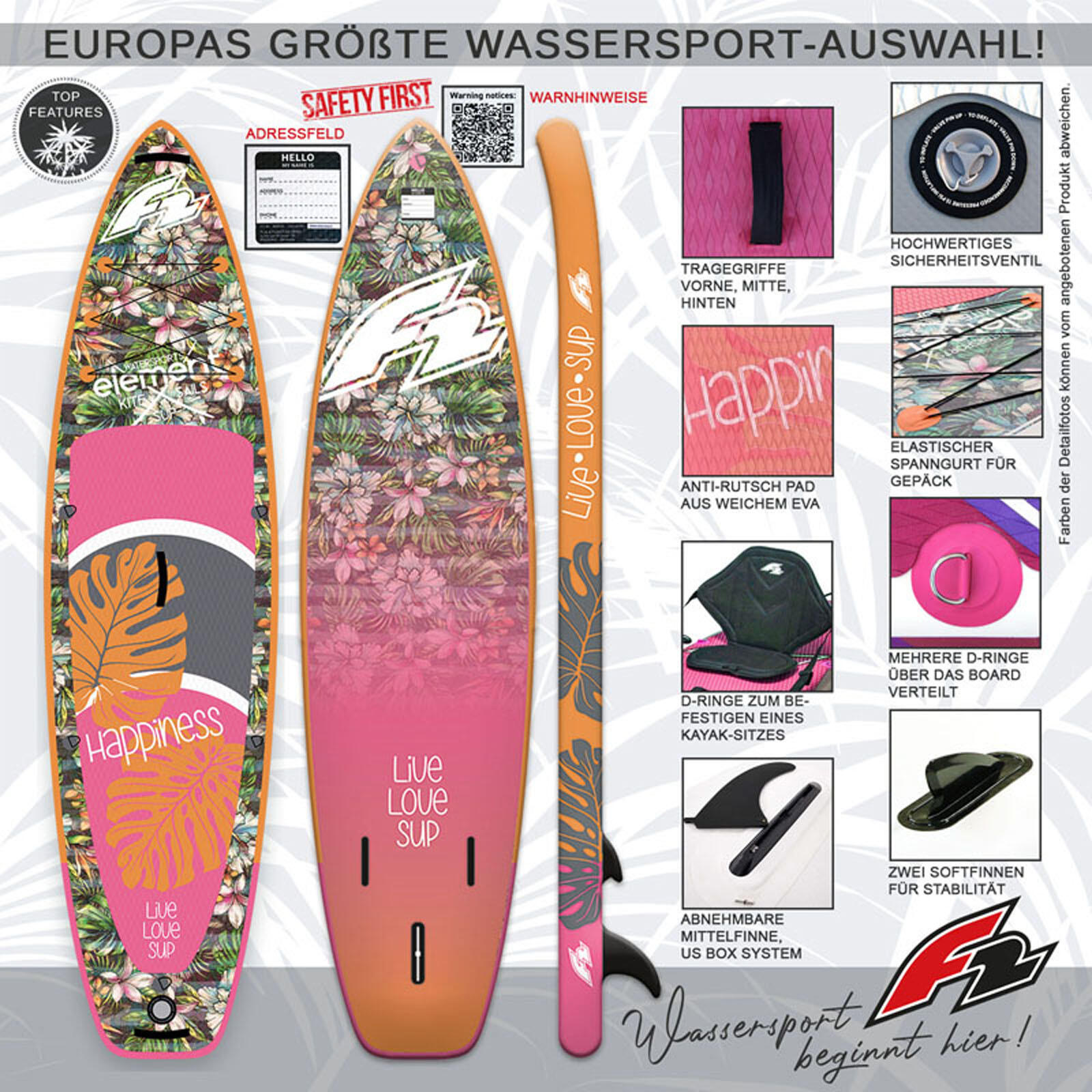 F2 Damen SUP Stand Up Paddle Board Happiness  10'5''  Multicolor 2/5